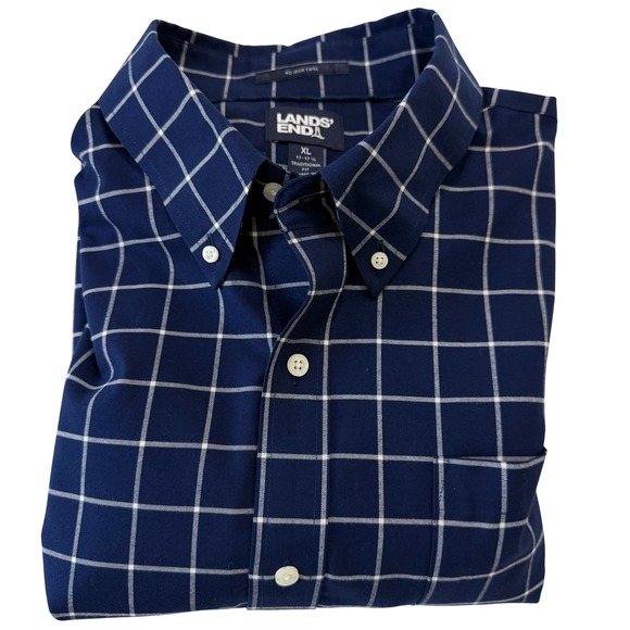 Lands' End Other - Lands‎ End Mens XL No Iron Twill Shirt Navy White Windowpane Traditional Fit